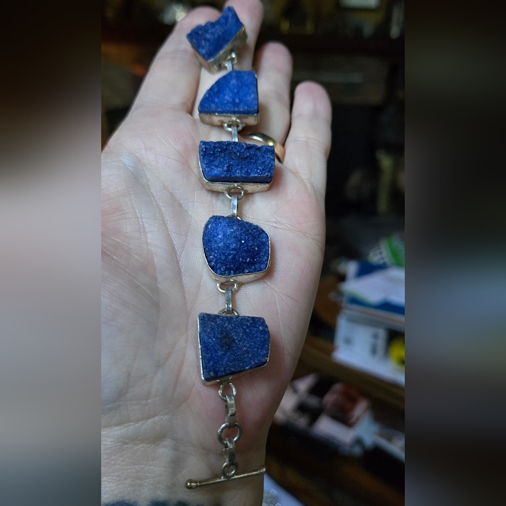 Saphire druzy Stone Sterling Bracelet 7" adjustable - Picture 6 of 8